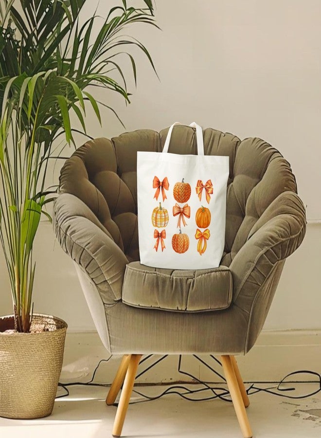 JUSITAKEET Bow Pumpkin Themed Canvas Tote Bag, Fall Gifts Bag For Women Men, Plain Pumpkin Canvas Shoulder Tote For Thanksgiving, Washable And Reusable Bags, 02 - Image 3
